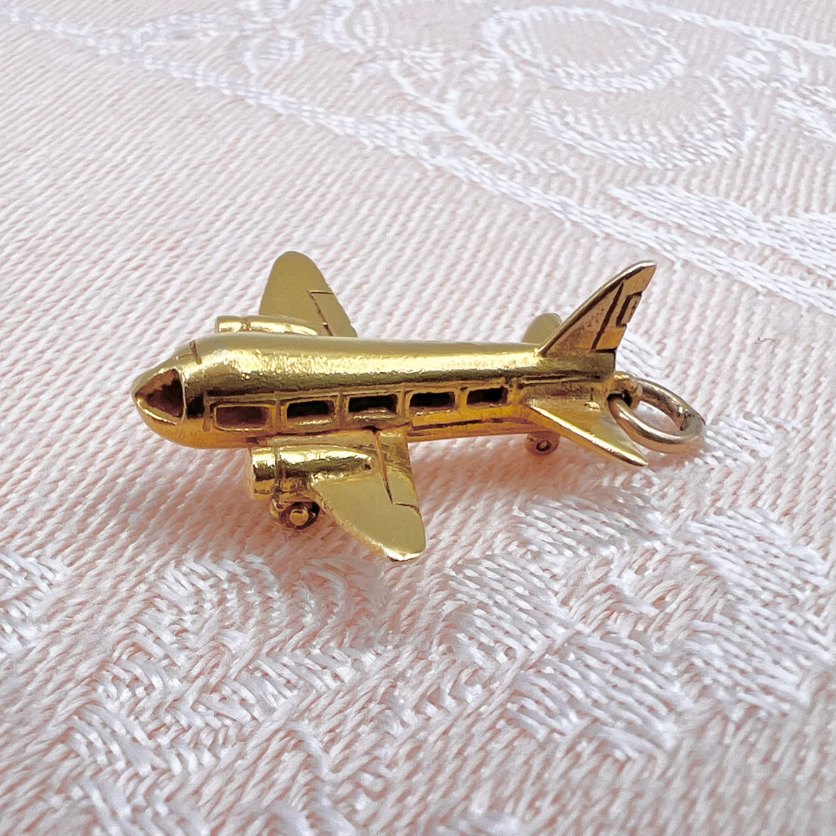 9K Solid Gold Plane Charm with Spinning Wheels - Hallmarked UK, 1955, Georg Jensen Ltd