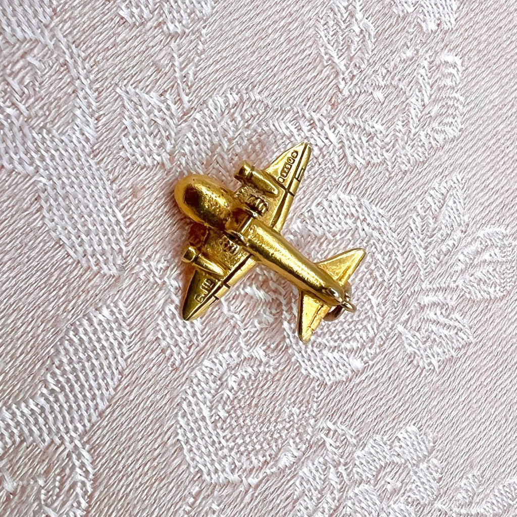 9K Solid Gold Plane Charm with Spinning Wheels - Hallmarked UK, 1955, Georg Jensen Ltd