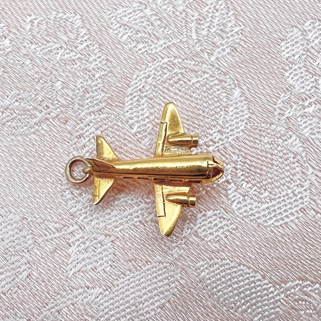 9K Solid Gold Plane Charm with Spinning Wheels - Hallmarked UK, 1955, Georg Jensen Ltd
