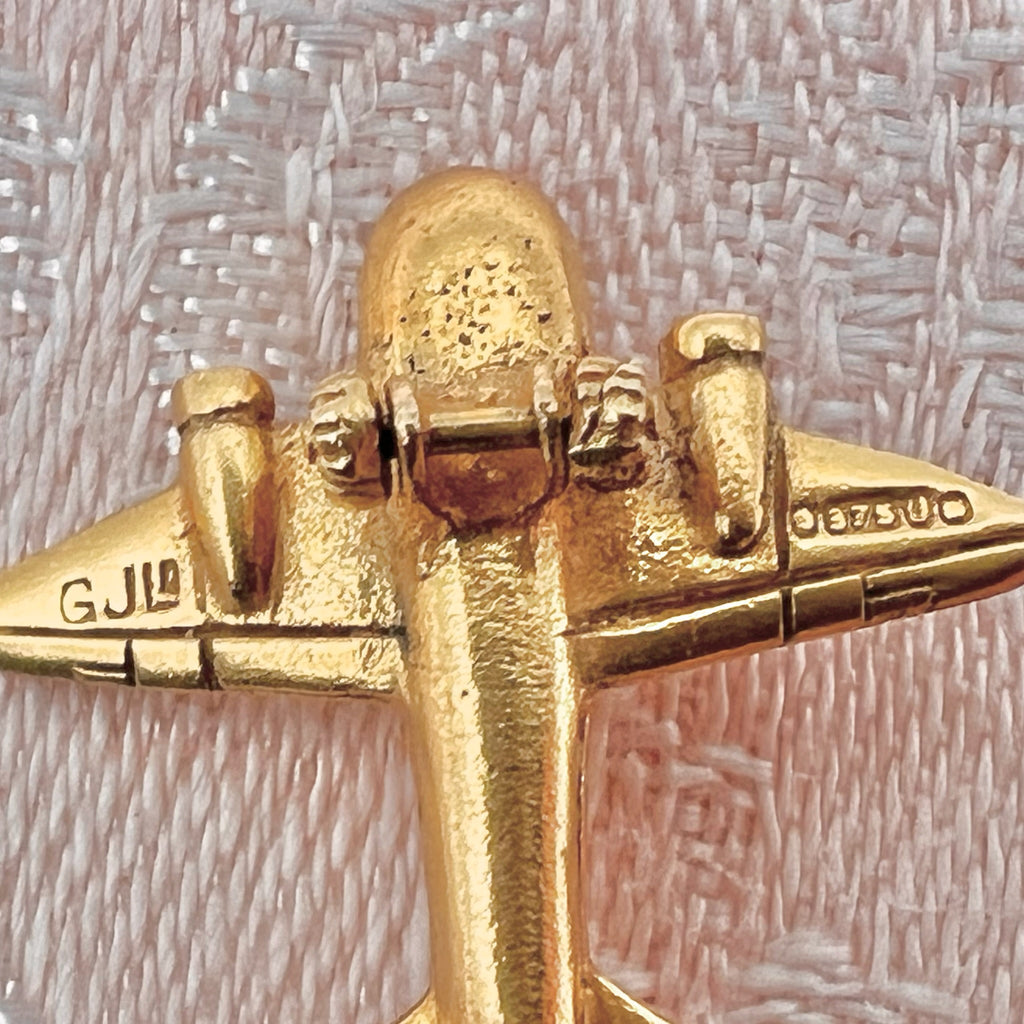 9K Solid Gold Plane Charm with Spinning Wheels - Hallmarked UK, 1955, Georg Jensen Ltd
