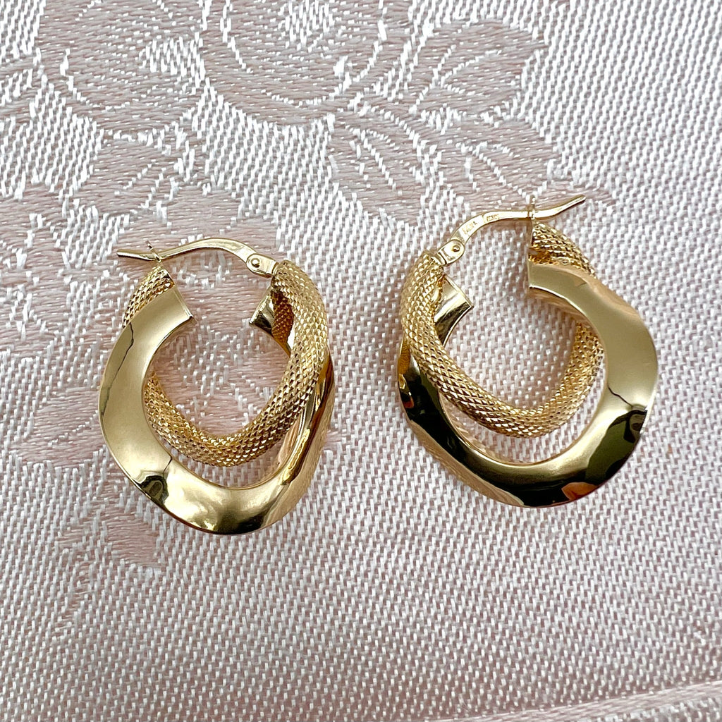 14K Solid Gold Double Hoop Earrings with Lever Back