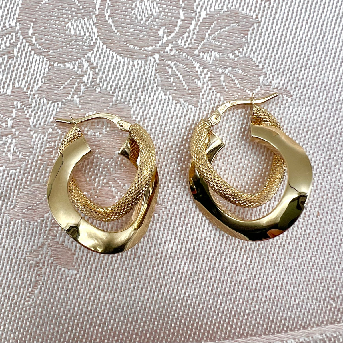 14K Solid Gold Double Hoop Earrings with Lever Back