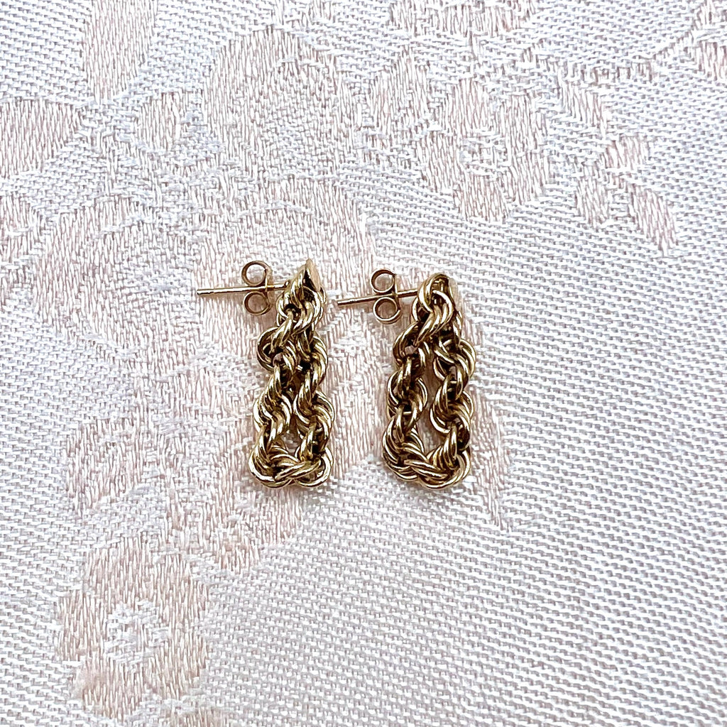 Vintage 10K Solid Gold Rope Chain Twist Dangle Drop Stud Earrings