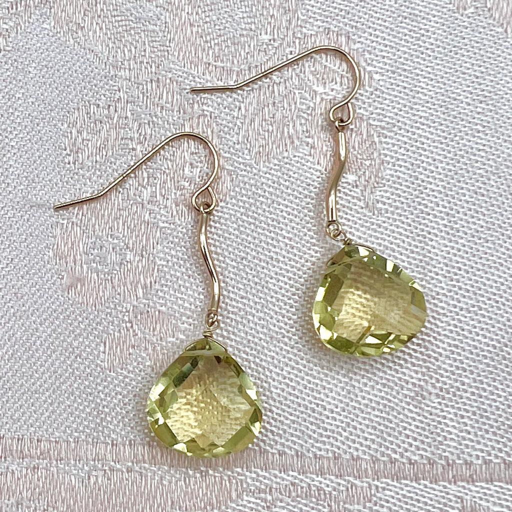10K Solid Gold Faceted Yellow Quartz Briolette Drop Hook Earrings