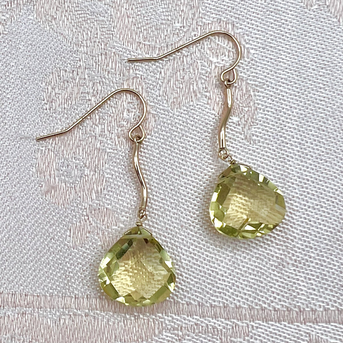 10K Solid Gold Faceted Yellow Quartz Briolette Drop Hook Earrings