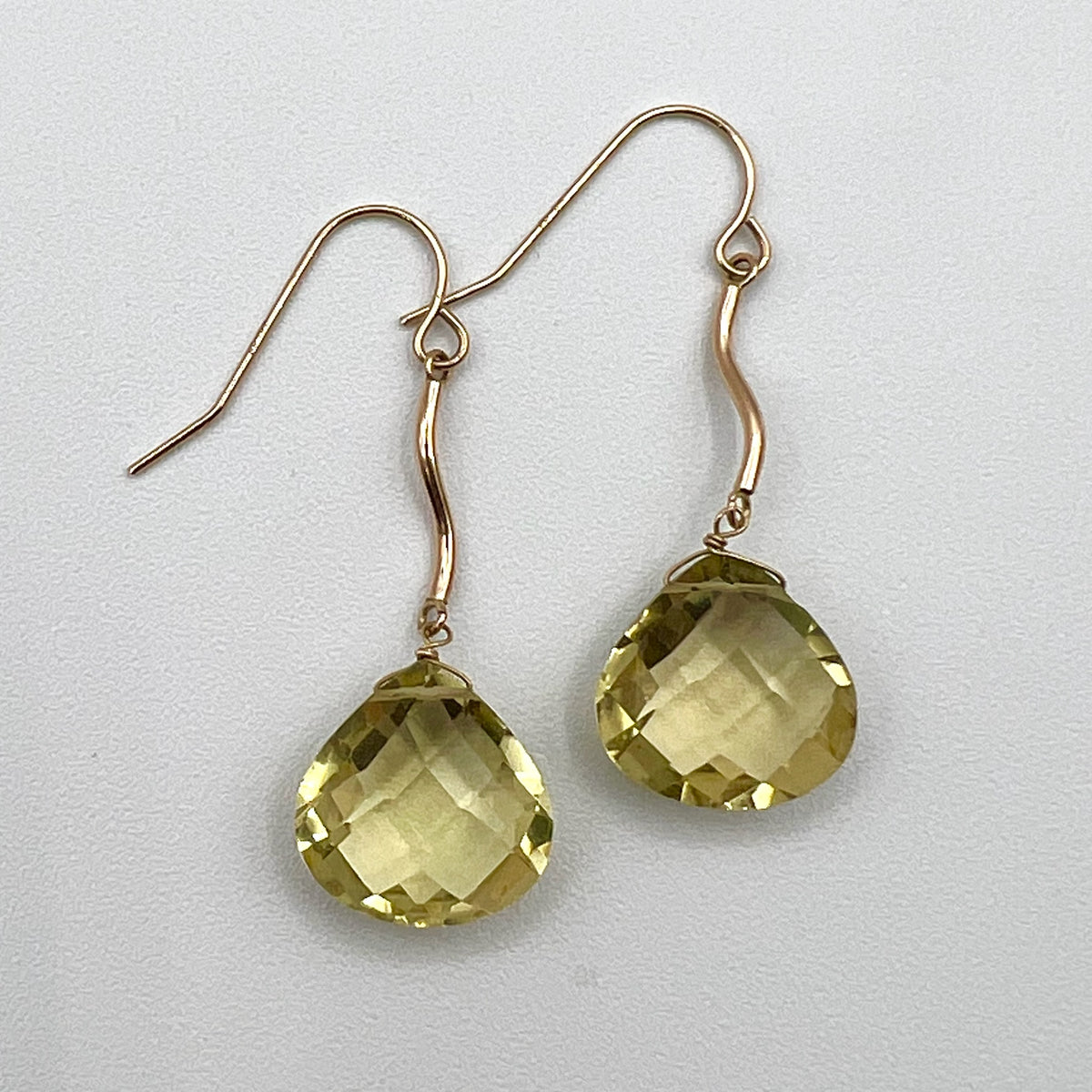 10K Solid Gold Faceted Yellow Quartz Briolette Drop Hook Earrings