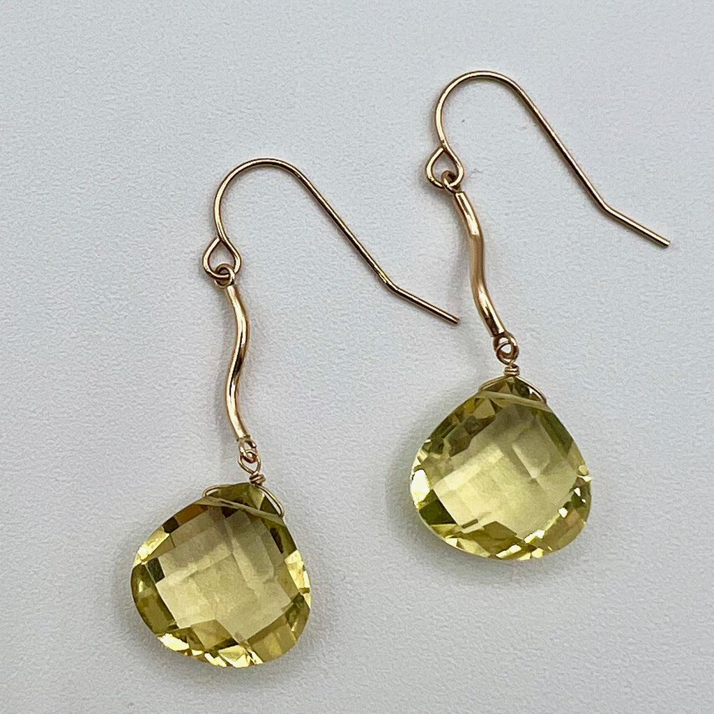 10K Solid Gold Faceted Yellow Quartz Briolette Drop Hook Earrings