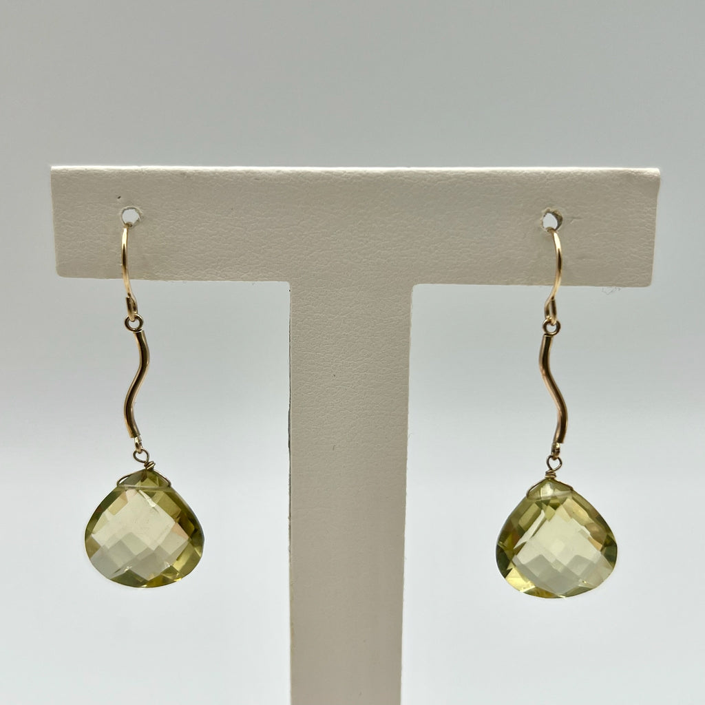10K Solid Gold Faceted Yellow Quartz Briolette Drop Hook Earrings