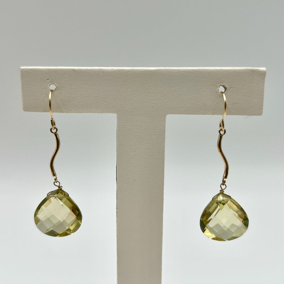 10K Solid Gold Faceted Yellow Quartz Briolette Drop Hook Earrings