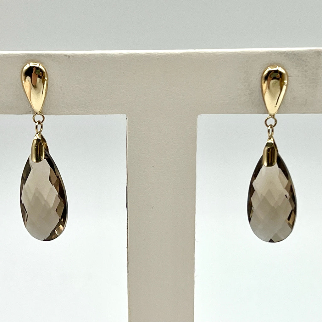 10k Gold Faceted Briolette Teardrop Smoky Quartz Drop Stud Earrings