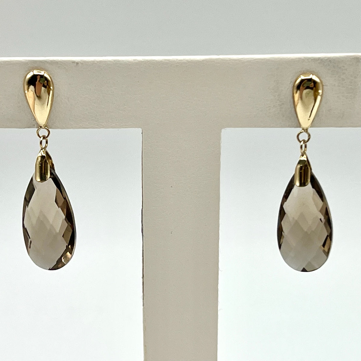 10k Gold Faceted Briolette Teardrop Smoky Quartz Drop Stud Earrings