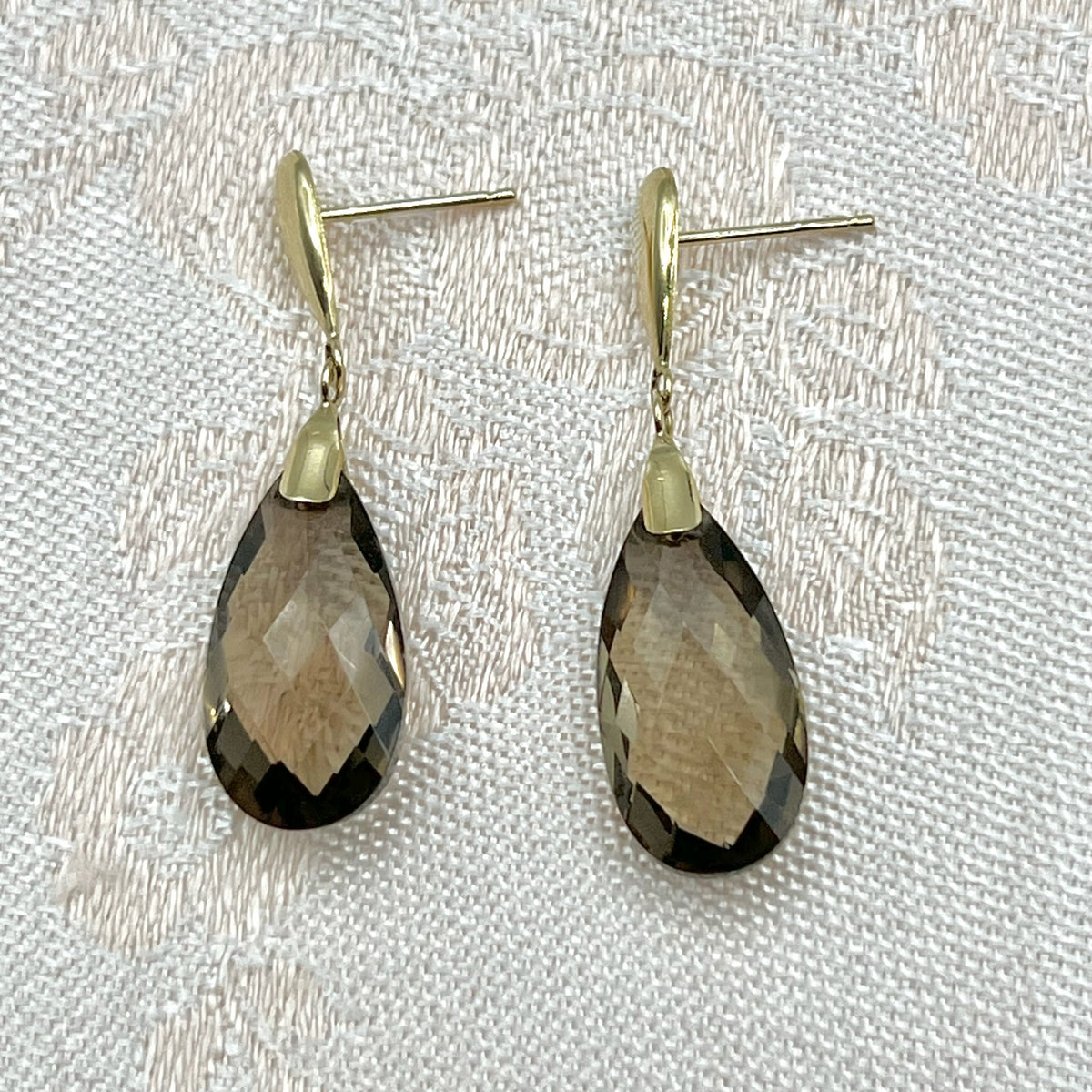 10k Gold Faceted Briolette Teardrop Smoky Quartz Drop Stud Earrings