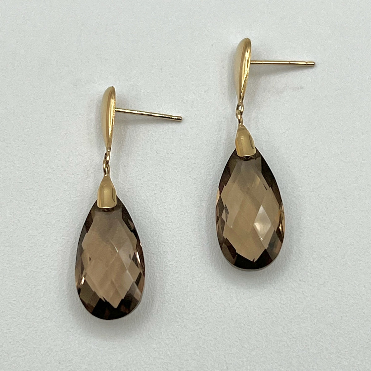 10k Gold Faceted Briolette Teardrop Smoky Quartz Drop Stud Earrings
