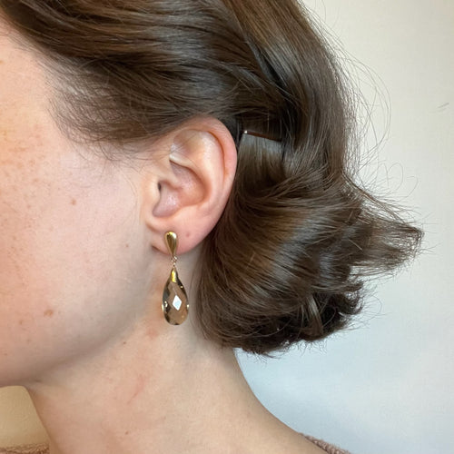 10k Gold Faceted Briolette Teardrop Smoky Quartz Drop Stud Earrings