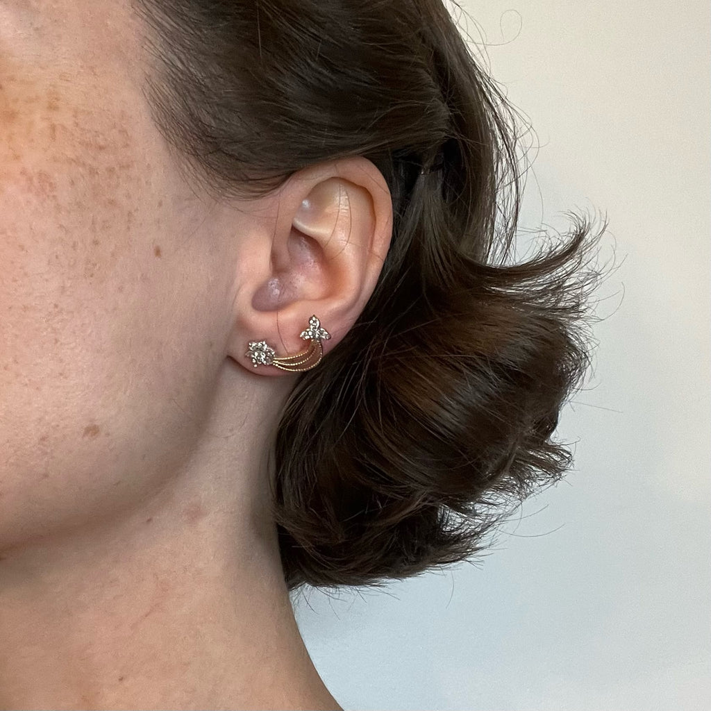 9K Solid Gold CZ Floral Star Drop Stud Earrings - UK 1988