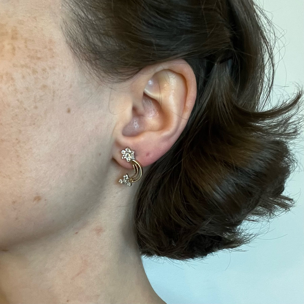9K Solid Gold CZ Floral Star Drop Stud Earrings - UK 1988