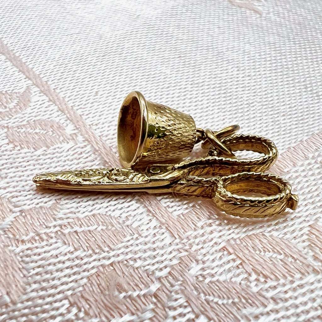 9K Gold Sewing Scissors & Thimble Charm - 1976 UK Hallmarks