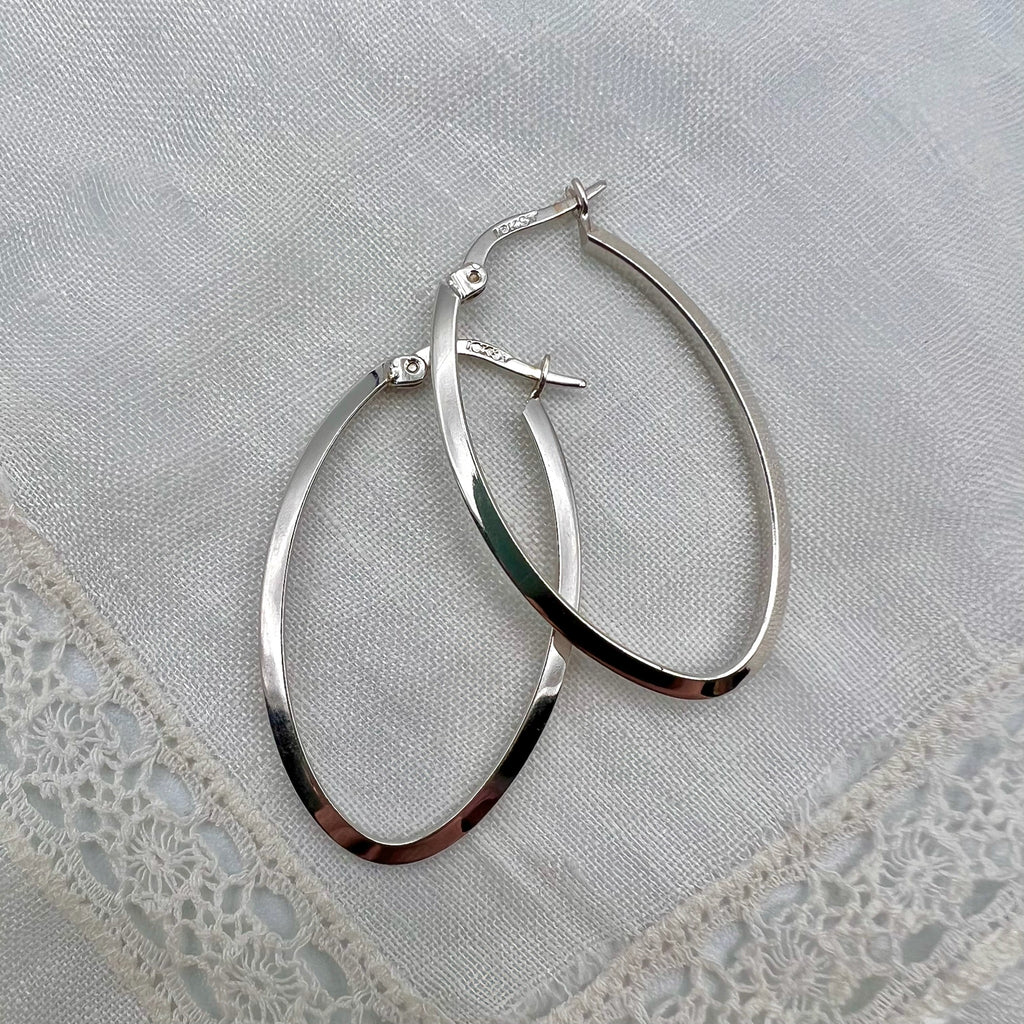 10K White Gold Oval Latch Back Large Hoop Earrings