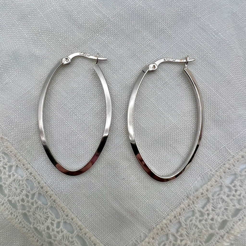 10K White Gold Oval Latch Back Large Hoop Earrings