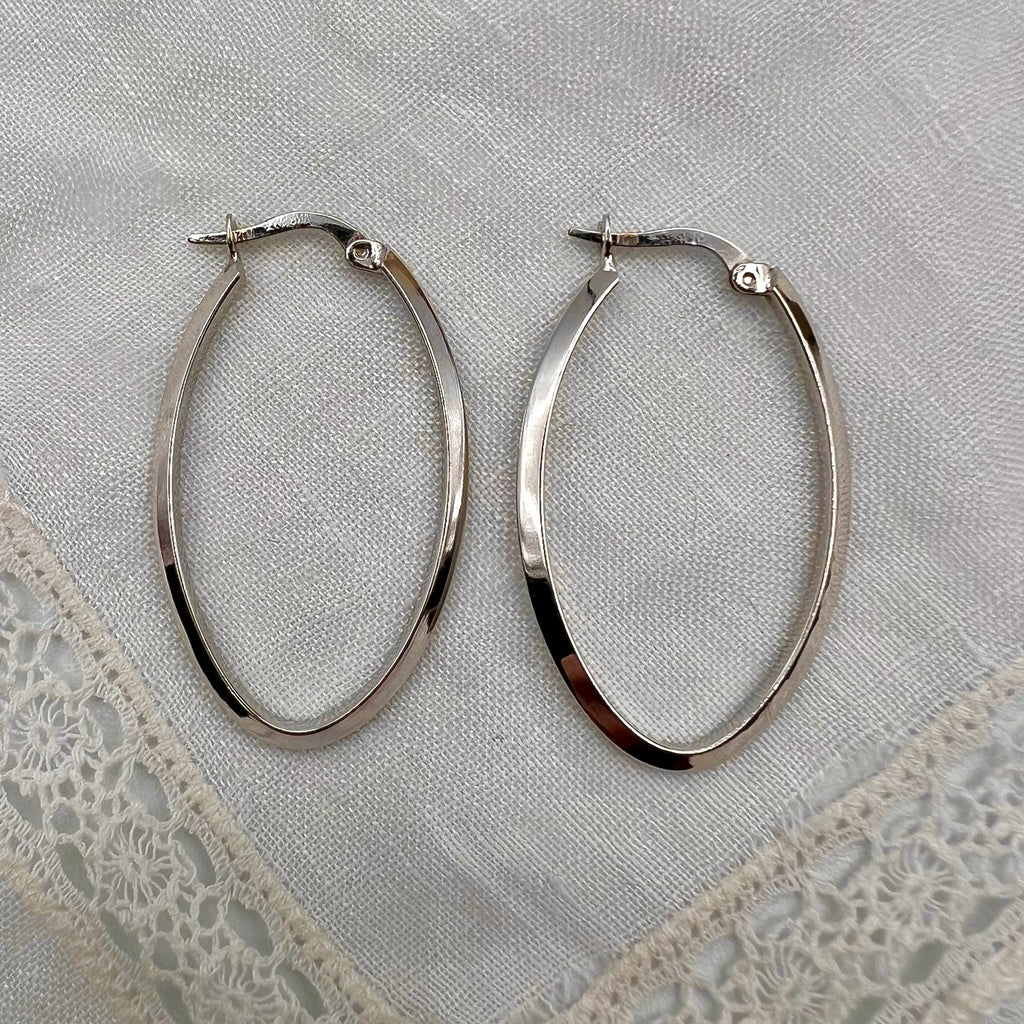10K White Gold Oval Latch Back Large Hoop Earrings