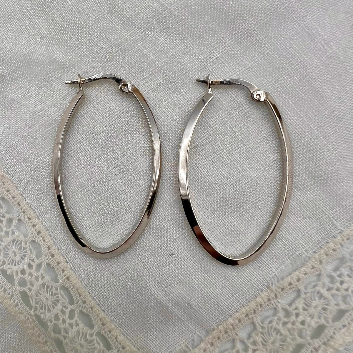 10K White Gold Oval Latch Back Large Hoop Earrings