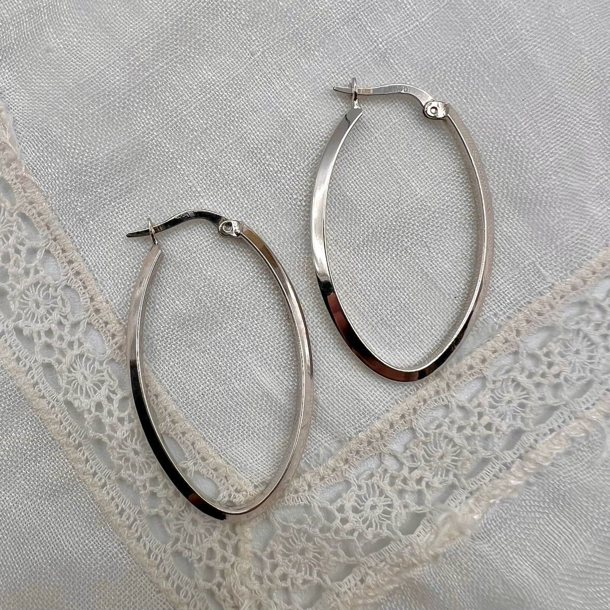 10K White Gold Oval Latch Back Large Hoop Earrings