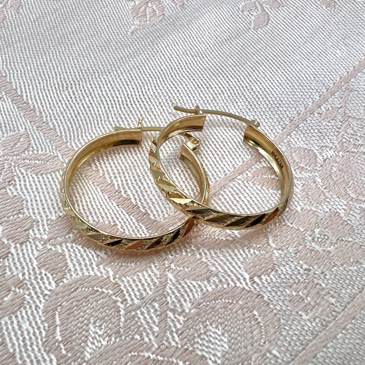 Vintage 10K Solid Gold Large Diamond Cut Hoop Earrings