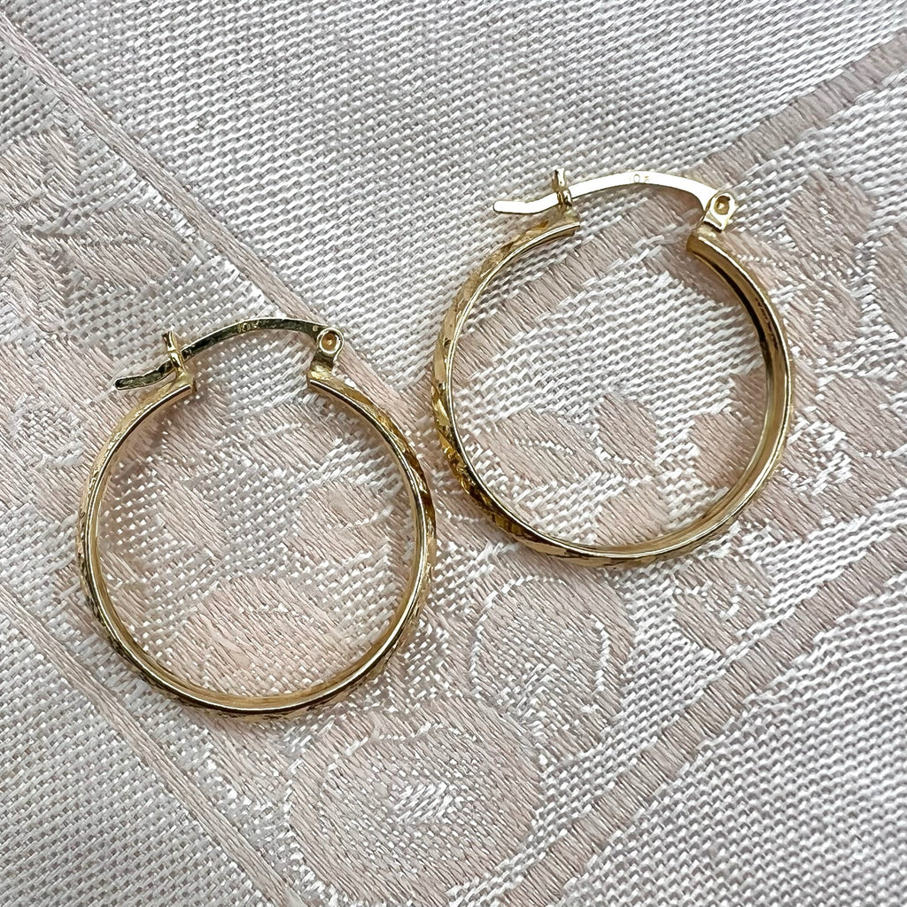 Vintage 10K Solid Gold Large Diamond Cut Hoop Earrings