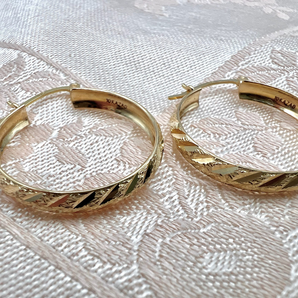 Vintage 10K Solid Gold Large Diamond Cut Hoop Earrings