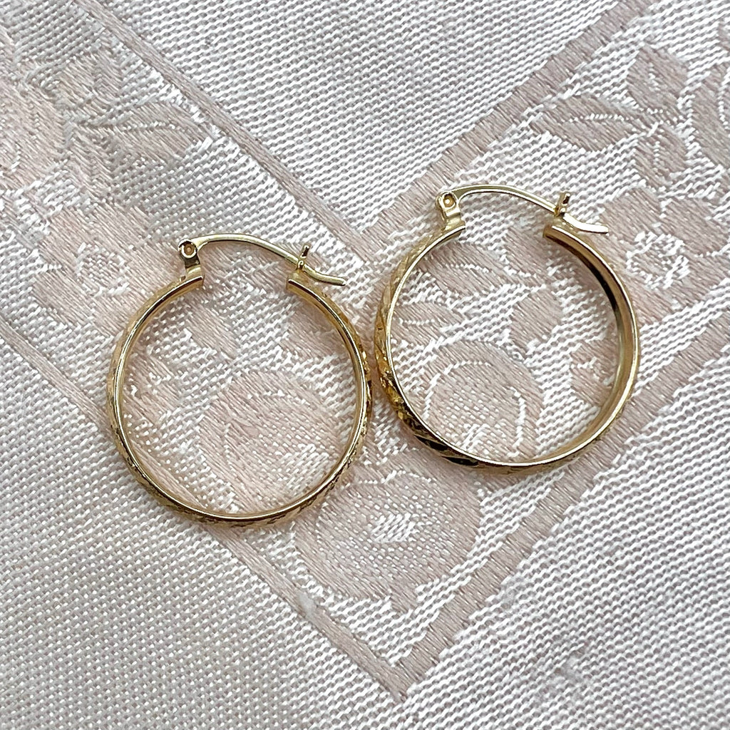 Vintage 10K Solid Gold Large Diamond Cut Hoop Earrings