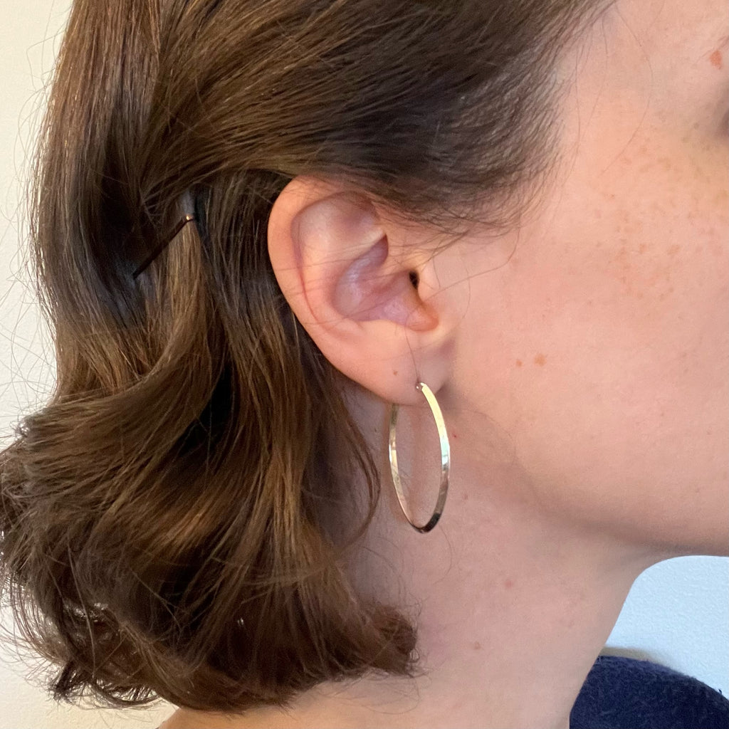 10K White Gold Oval Latch Back Large Hoop Earrings