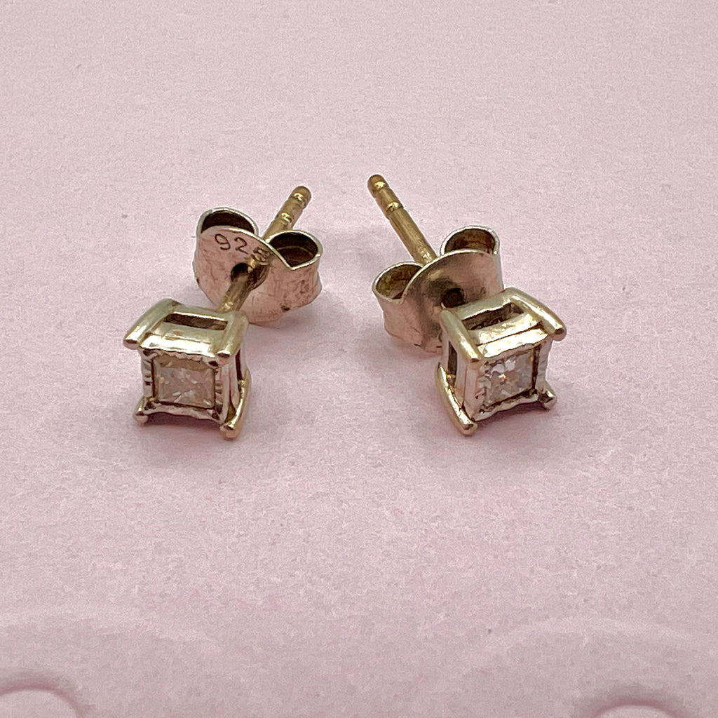 Vintage Diamond Stud Earrings in Sterling Silver with Natural Princess Cut Diamonds