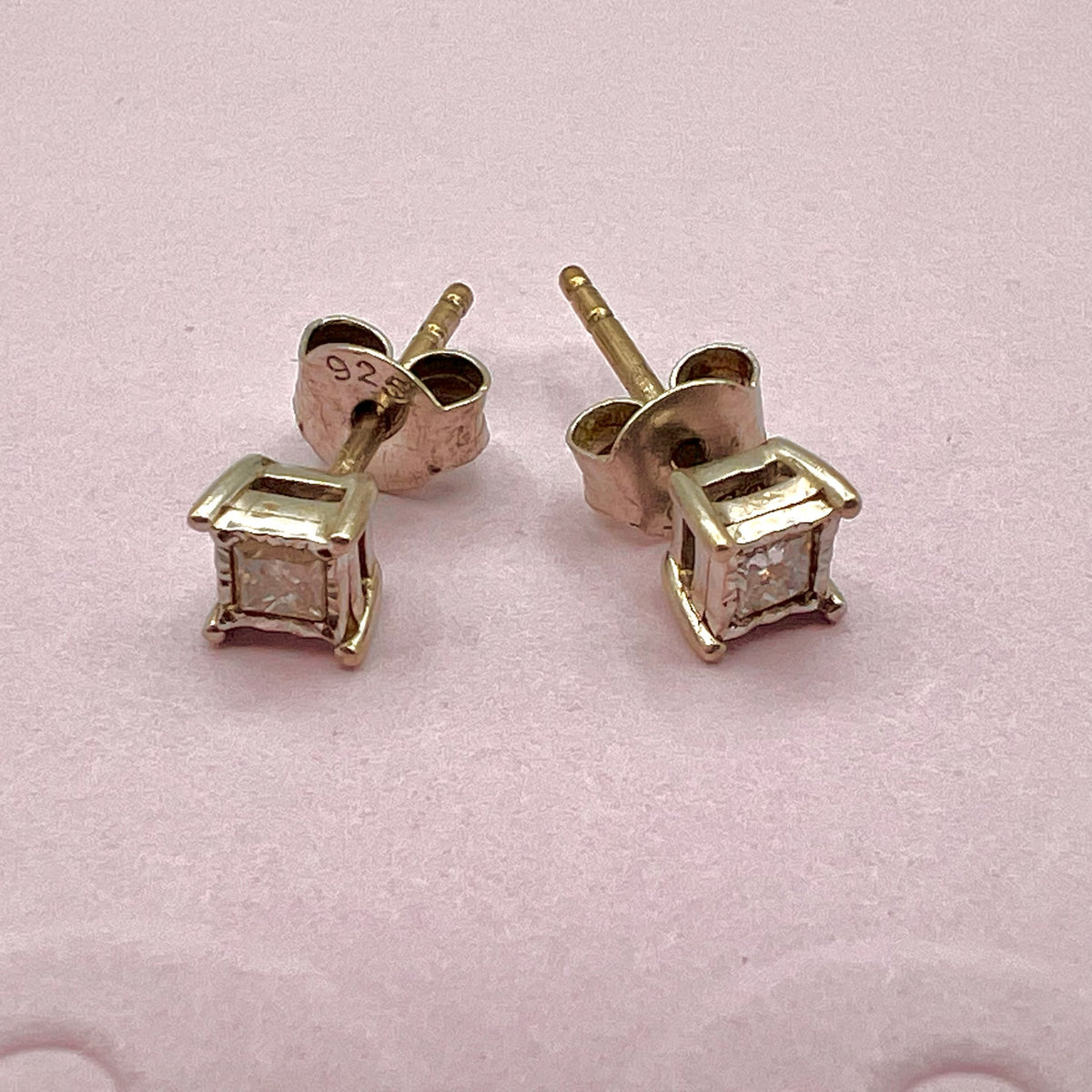 Vintage Diamond Stud Earrings in Sterling Silver with Natural Princess Cut Diamonds