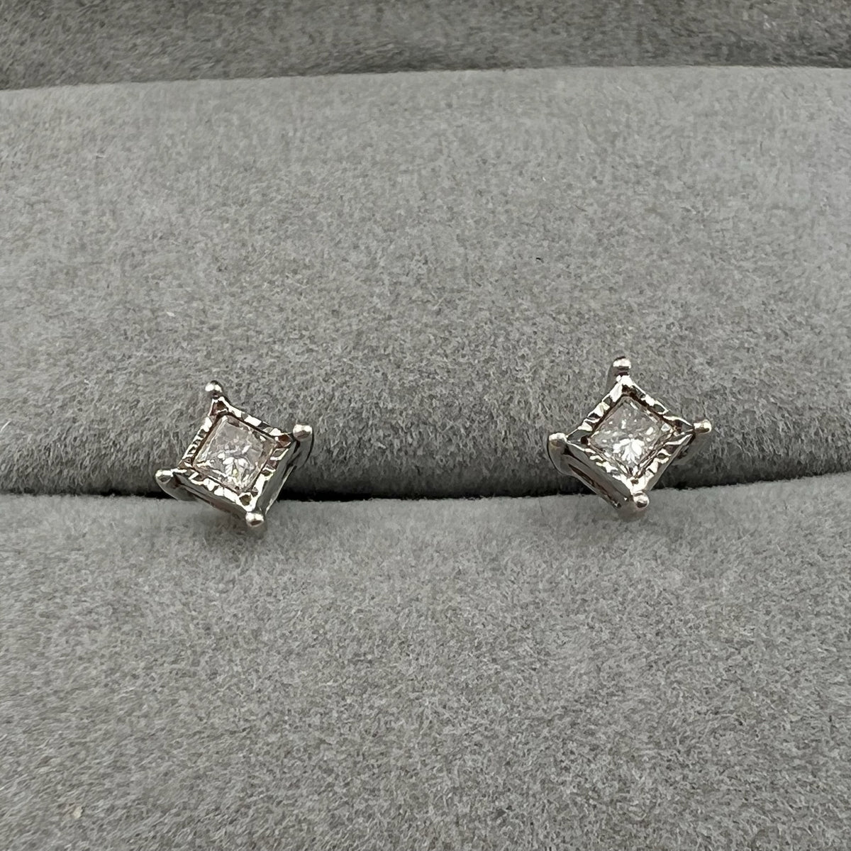 Vintage Diamond Stud Earrings in Sterling Silver with Natural Princess Cut Diamonds