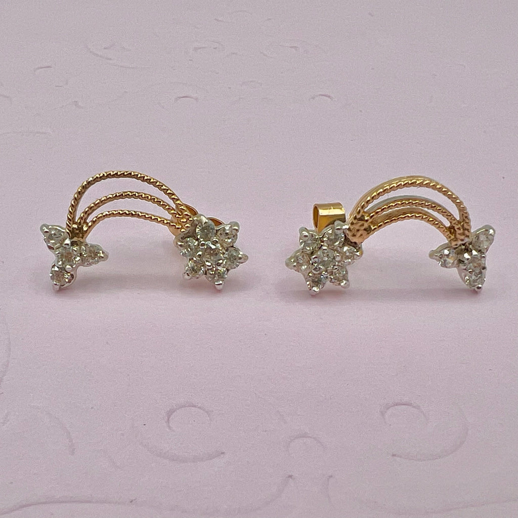 9K Solid Gold CZ Floral Star Drop Stud Earrings - UK 1988