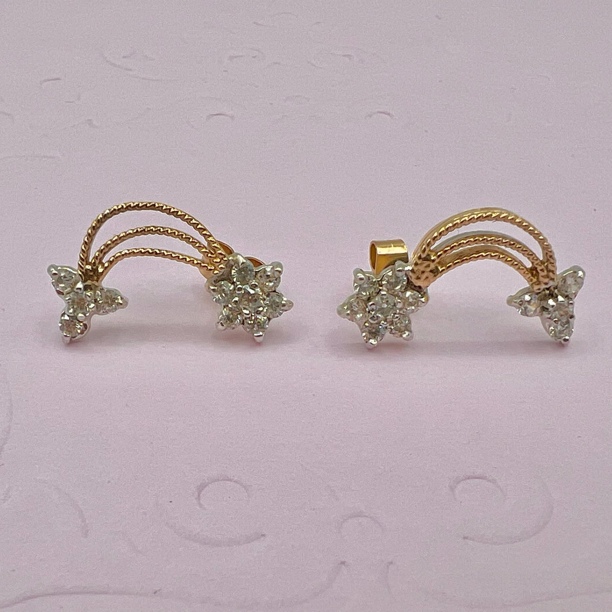 9K Solid Gold CZ Floral Star Drop Stud Earrings - UK 1988