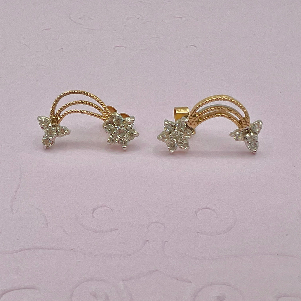 9K Solid Gold CZ Floral Star Drop Stud Earrings - UK 1988