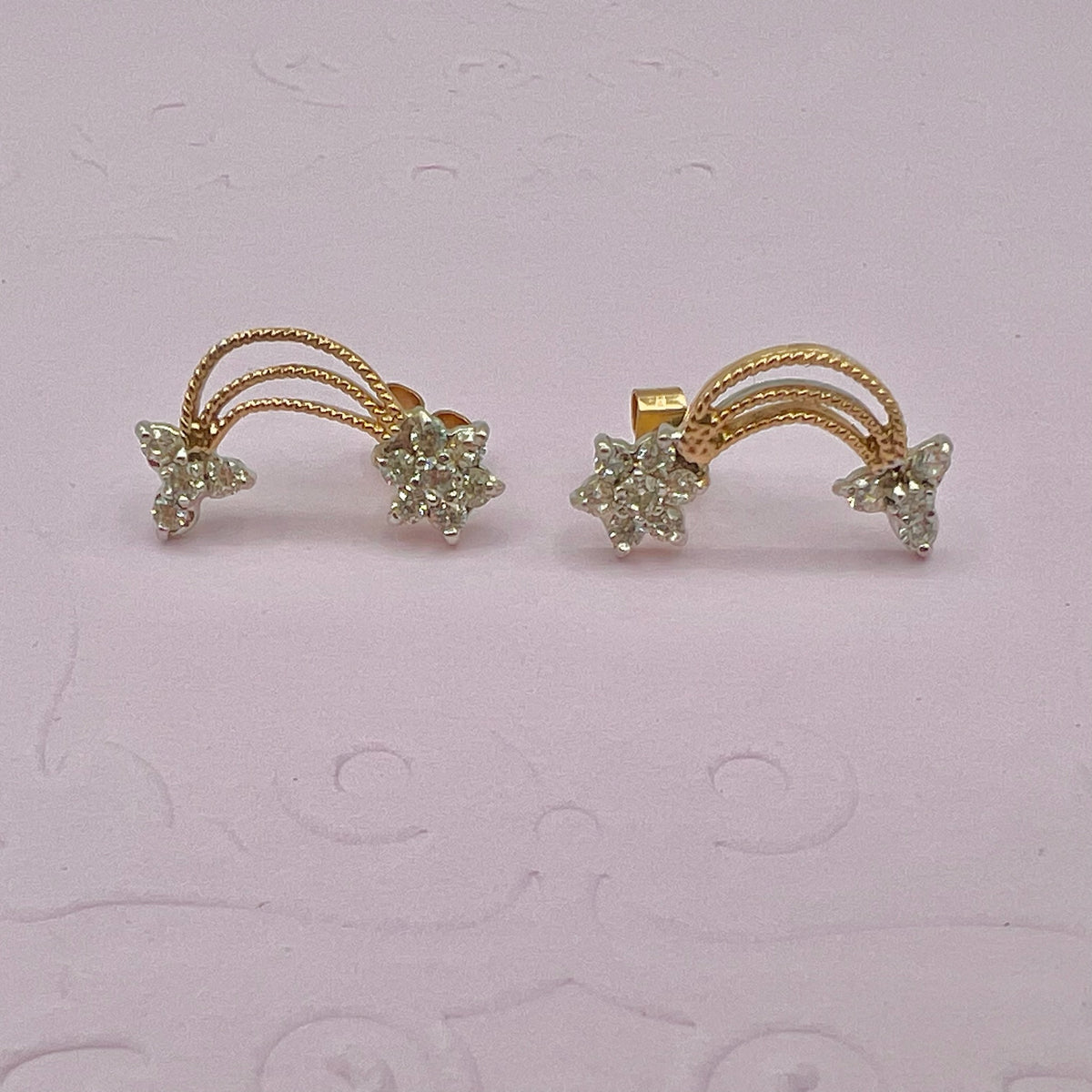 9K Solid Gold CZ Floral Star Drop Stud Earrings - UK 1988