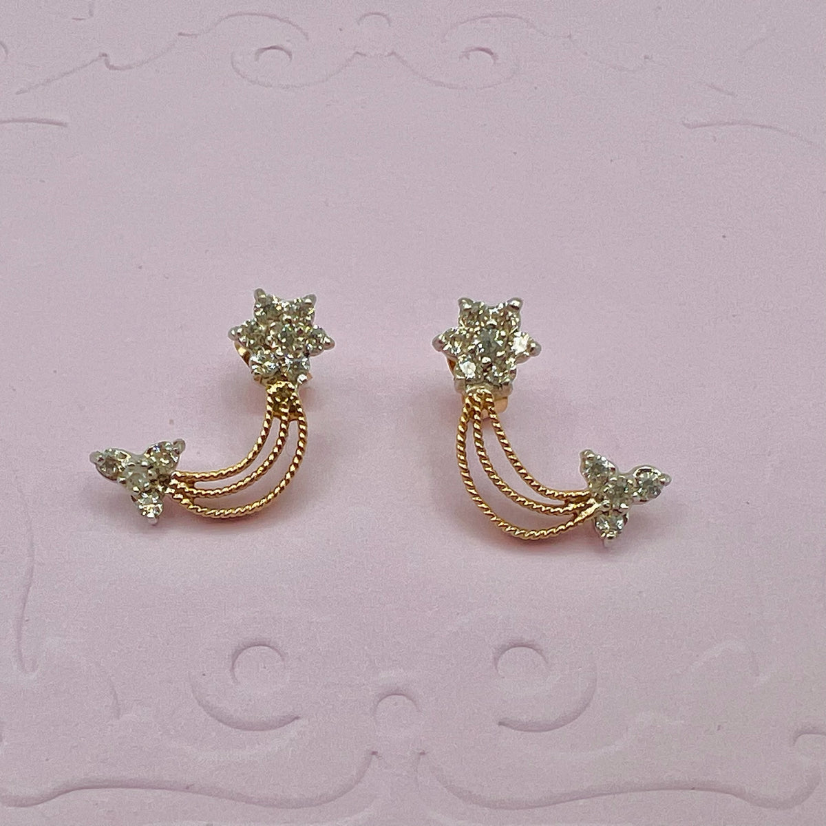 9K Solid Gold CZ Floral Star Drop Stud Earrings - UK 1988