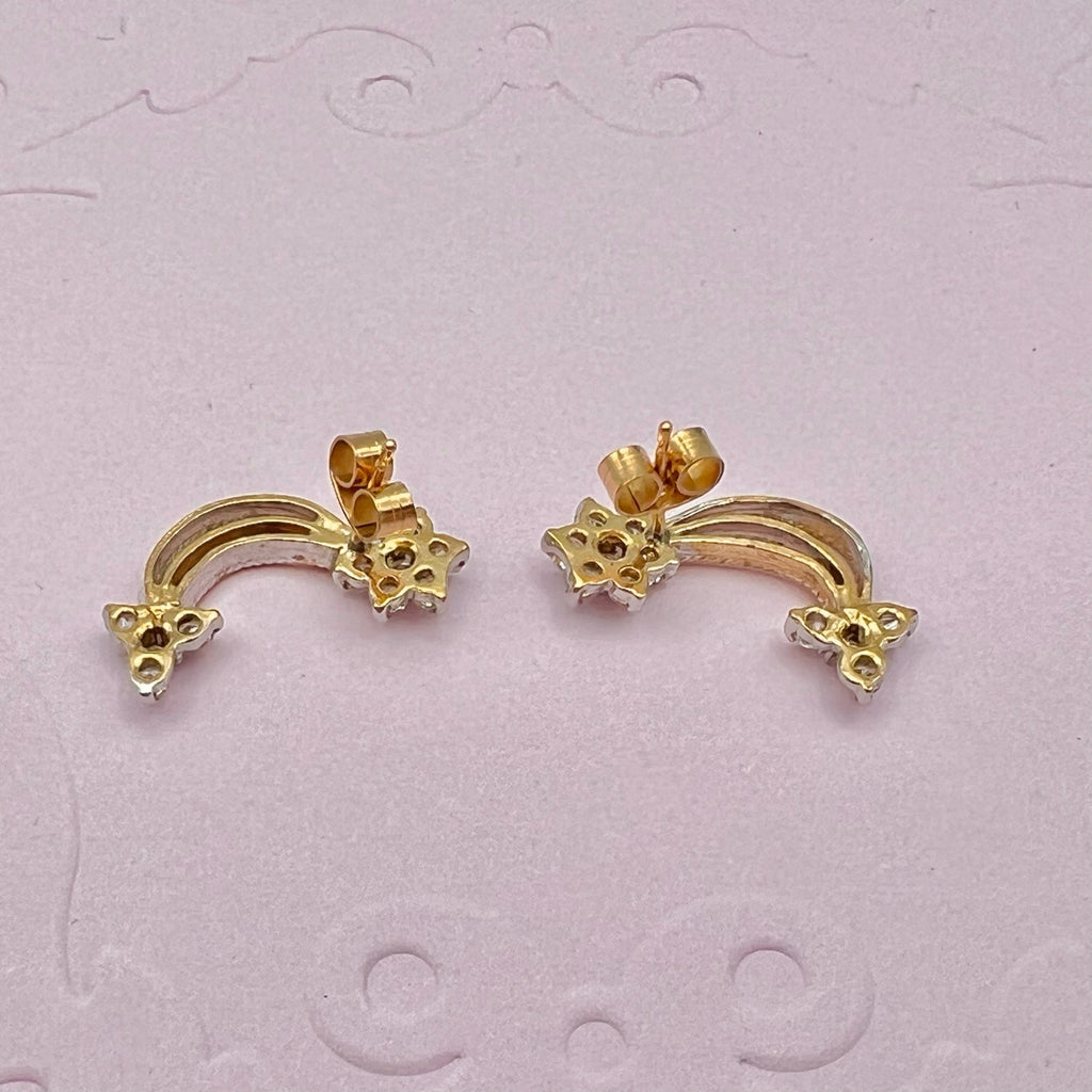 9K Solid Gold CZ Floral Star Drop Stud Earrings - UK 1988