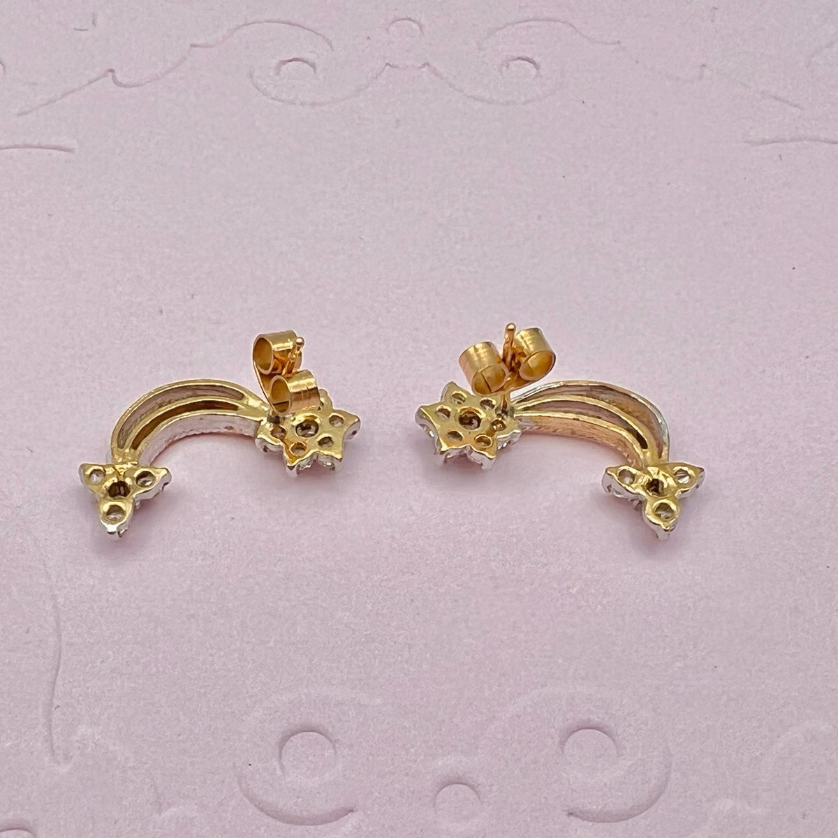 9K Solid Gold CZ Floral Star Drop Stud Earrings - UK 1988
