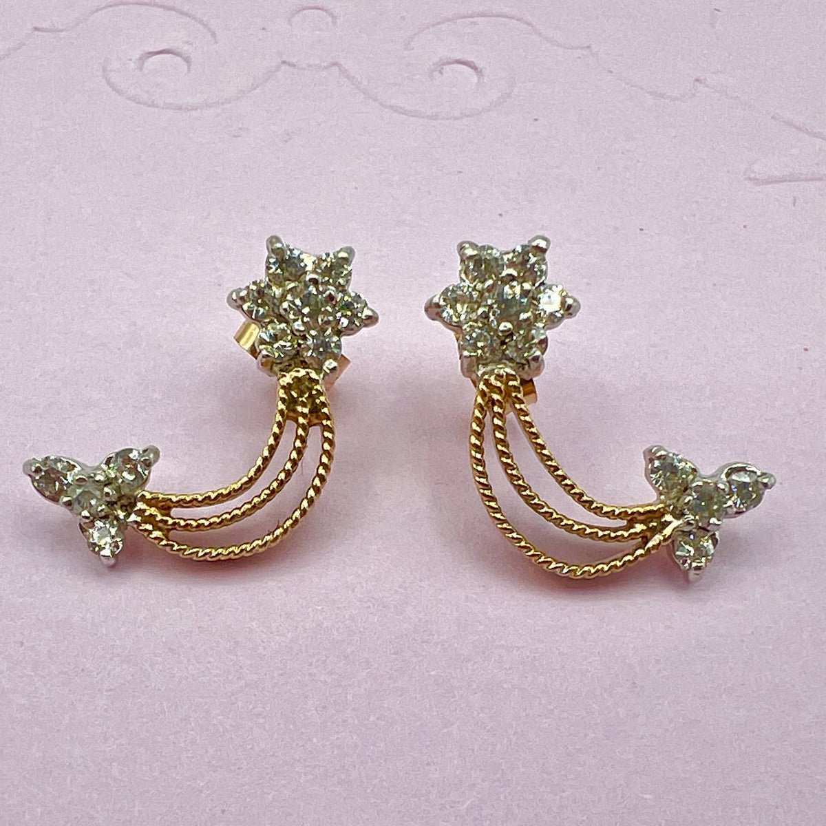 9K Solid Gold CZ Floral Star Drop Stud Earrings - UK 1988