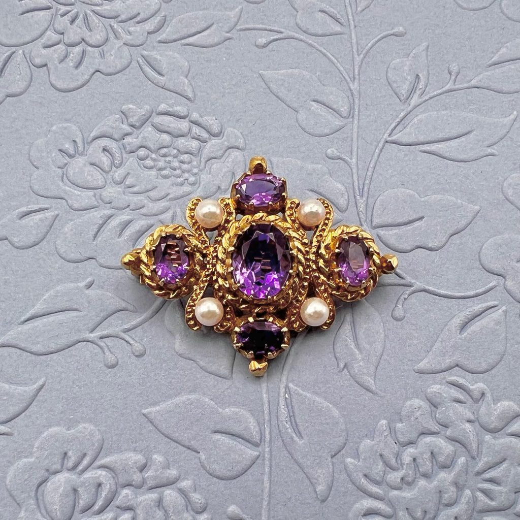 9K Solid Gold Amethyst and Pearl Brooch - Hallmarked UK 1991