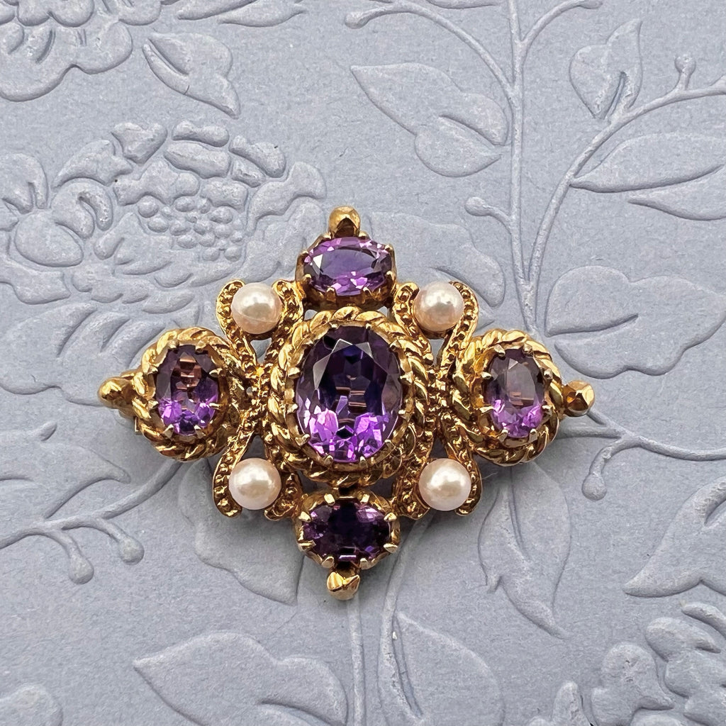 9K Solid Gold Amethyst and Pearl Brooch - Hallmarked UK 1991