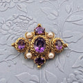 9K Solid Gold Amethyst and Pearl Brooch - Hallmarked UK 1991