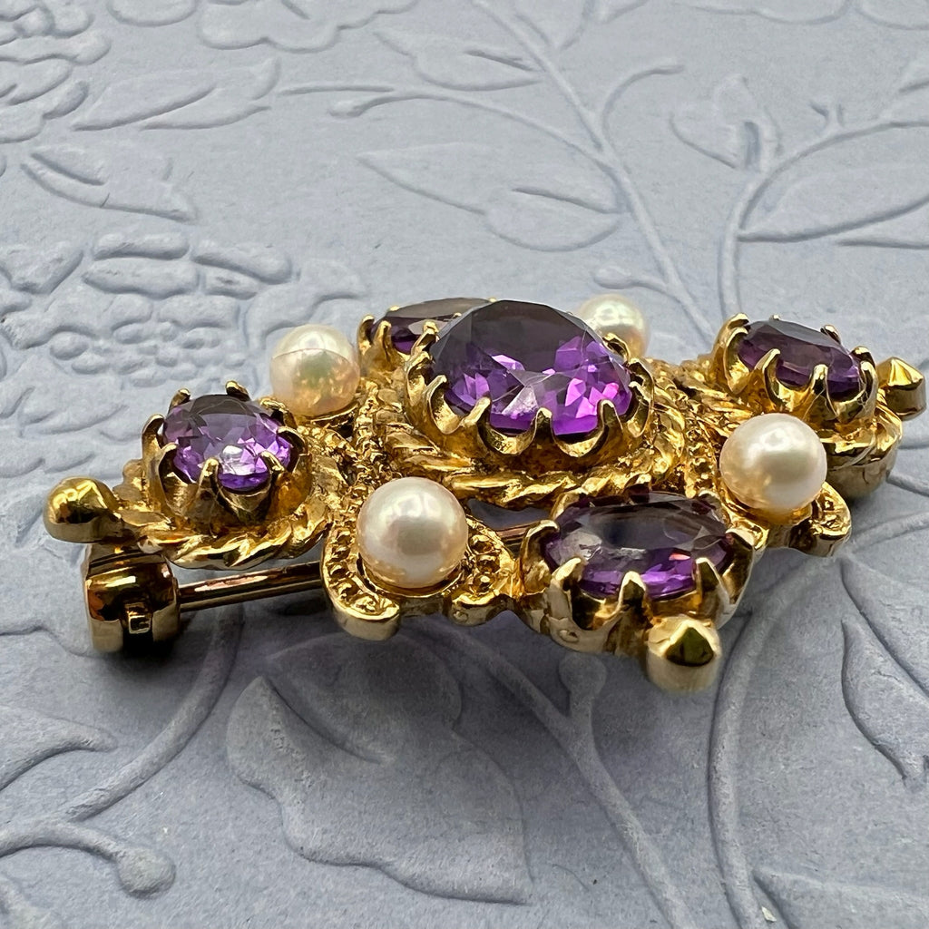 9K Solid Gold Amethyst and Pearl Brooch - Hallmarked UK 1991