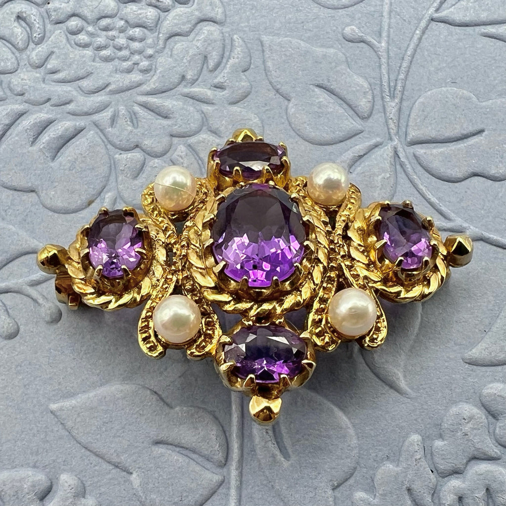 9K Solid Gold Amethyst and Pearl Brooch - Hallmarked UK 1991
