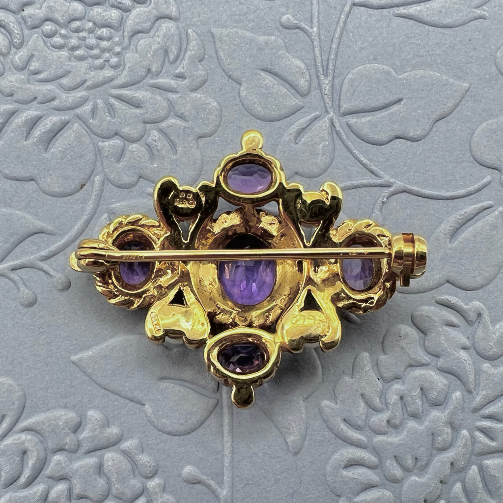 9K Solid Gold Amethyst and Pearl Brooch - Hallmarked UK 1991