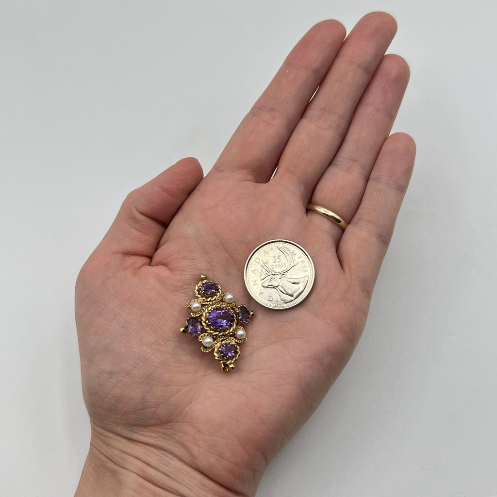 9K Solid Gold Amethyst and Pearl Brooch - Hallmarked UK 1991