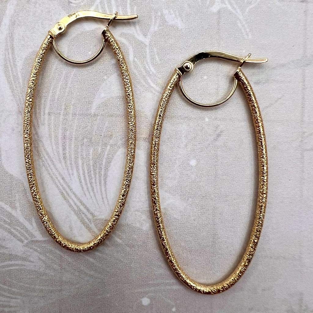 14K Frosted Gold Oval Hoop Earrings - 14K Italy